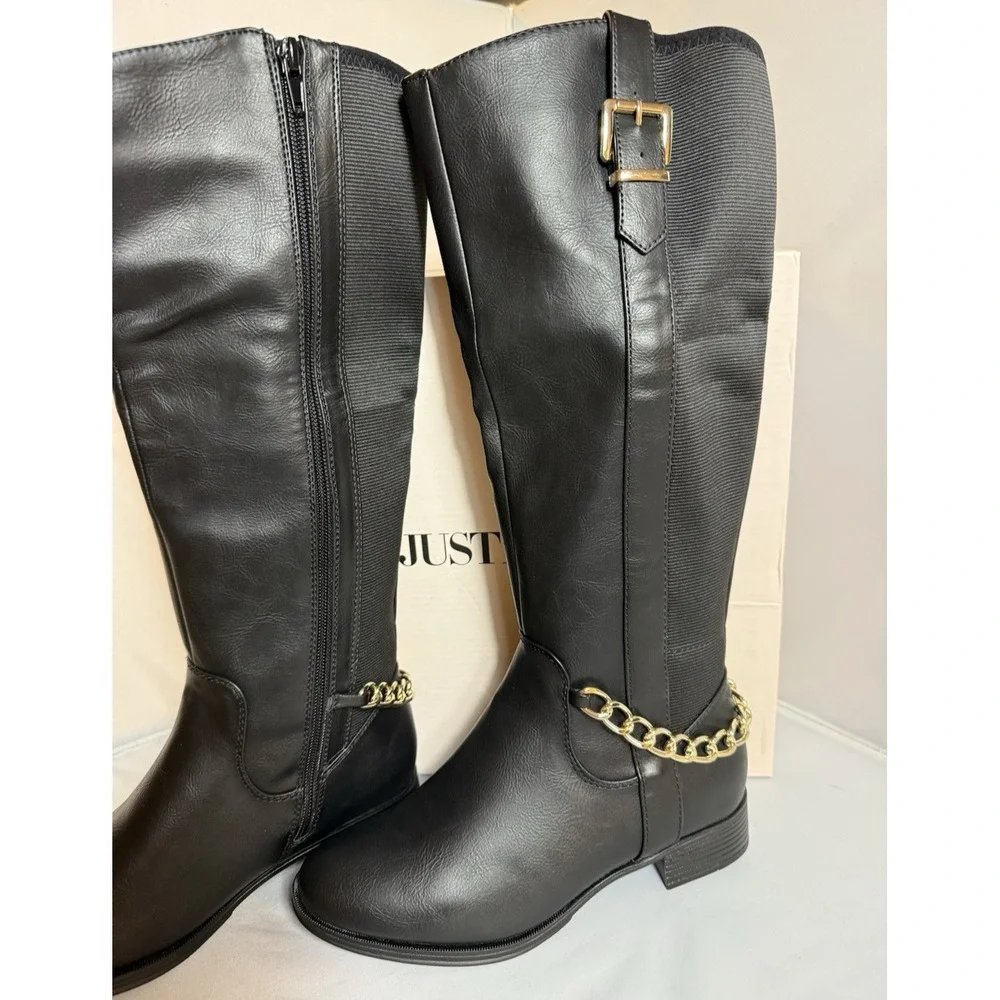 Just Fab Black Faux Leather Gamela Boots Knee High Gold Chain Women Size 5.5